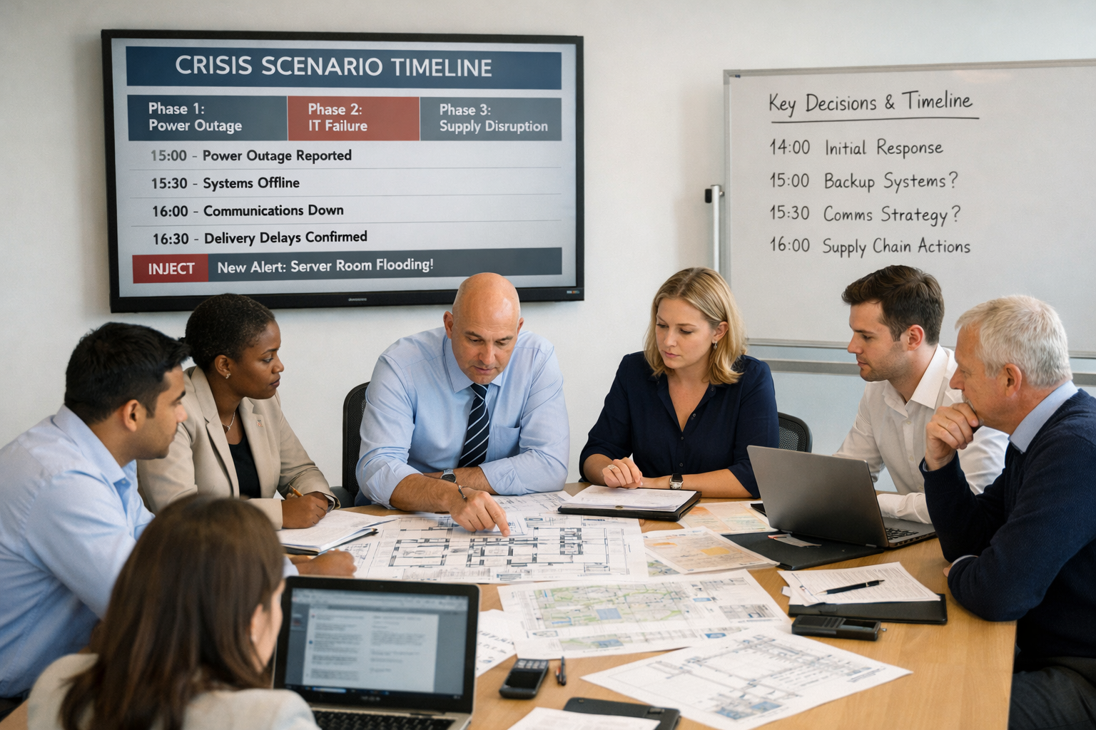 Business continuity exercise in a modern office with professionals reviewing plans and responding to a simulated crisis scenario