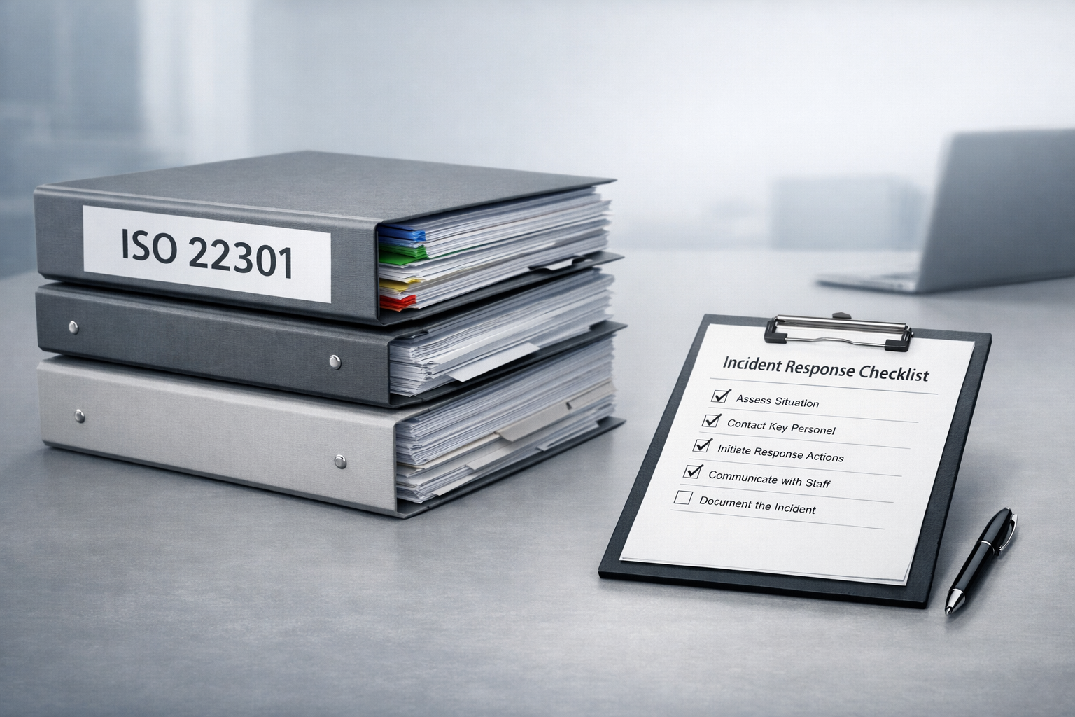 Overly complex ISO 22301 business continuity documents compared to a simple, practical incident response checklist, highlighting audit-focused plans versus usable BCP