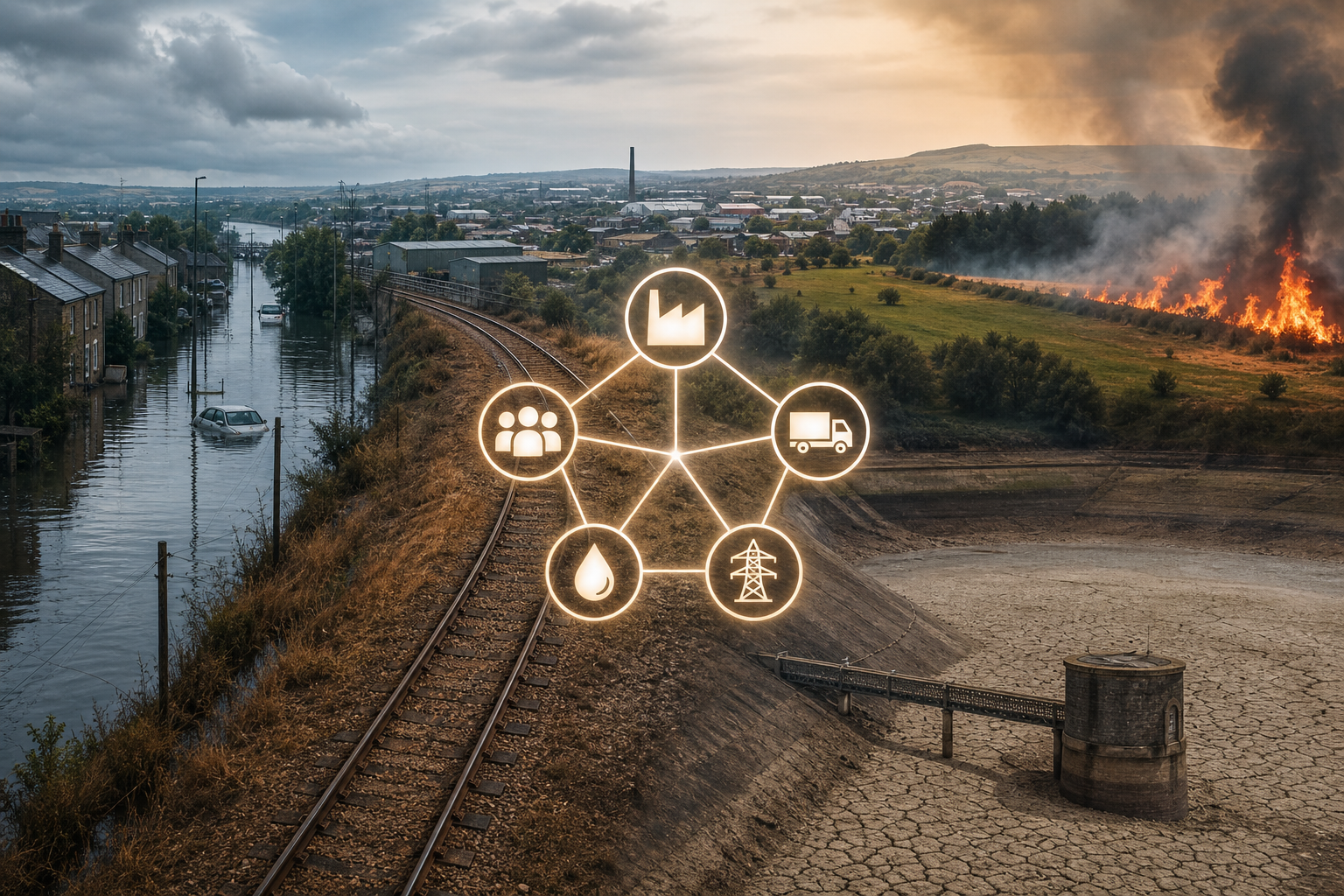 Falling infrastructure dominoes representing climate-related disruption to business continuity, including flooding, heat, water shortage, wildfire conditions and energy disruption.